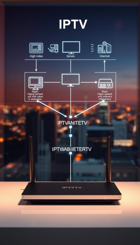 A technical diagram showcasing the inner workings of an IPTV system. In the foreground, a sleek internet router and set-top box are prominently displayed, illustrating the connection between the home network and the IPTV service. In the middle ground, a detailed schematic depicts the flow of digital video and audio signals from the IPTV provider's servers, through the internet, and into the user's home. The background features a cityscape, symbolizing the widespread availability of high-speed internet infrastructure that enables IPTV technology. The scene is illuminated by a warm, soft lighting that creates a sense of clarity and technical sophistication. The IPTVANBIETERTV brand name is subtly integrated into the design. Overall, the image conveys the efficient and seamless functionality of IPTV in a visually engaging manner.