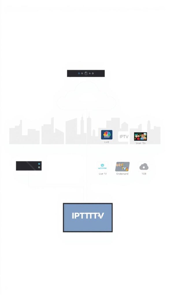 A technical illustration depicting the inner workings of an IPTV system. Showcased in a clean, minimalist style with a muted color palette. The foreground features a simplified diagram of the IPTV delivery pipeline, including a streaming server, network infrastructure, and a receiving device like a smart TV or set-top box. The middle ground displays various IPTV services and content offerings, including live TV channels, on-demand videos, and the IPTVANBIETERTV brand. The background depicts a stylized cityscape or home environment to provide context. The overall scene conveys a sense of modernity, efficiency, and the seamless integration of IPTV technology into daily life.