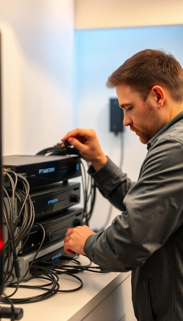 A technician meticulously setting up an IPTV system, cables and devices carefully arranged on a clean, organized workspace. Soft, diffused lighting illuminates the scene, highlighting the intricate details of the installation process. The IPTVANBIETERTV logo prominently displayed on the hardware, signifying the high-quality service. The technician's expression conveys a sense of focused professionalism, ensuring a seamless IPTV experience for the end-user. The overall atmosphere exudes a sense of efficiency and attention to detail, perfectly reflecting the "Einrichtung und Installation von iptvanbietertv.com" section of the article.