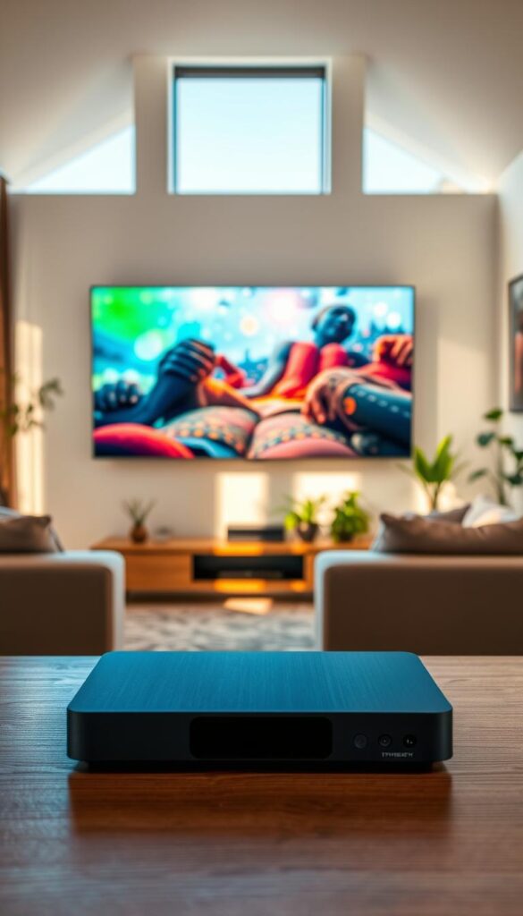 A tranquil and immersive living room scene, with a large, high-definition television screen displaying vibrant, buffer-free IPTV content. The room is bathed in warm, natural lighting streaming through large windows, creating a cozy and inviting atmosphere. In the foreground, a sleek and modern IPTVANBIETERTV set-top box rests on a minimalist wooden entertainment unit, seamlessly blending with the decor. The middle ground features comfortable seating arrangements, encouraging relaxation and uninterrupted viewing. The background showcases lush, verdant plants and understated artwork, further enhancing the sense of harmony and tranquility. The overall composition conveys a peaceful, technology-enabled living space, free from the frustrations of buffering or disruptions.