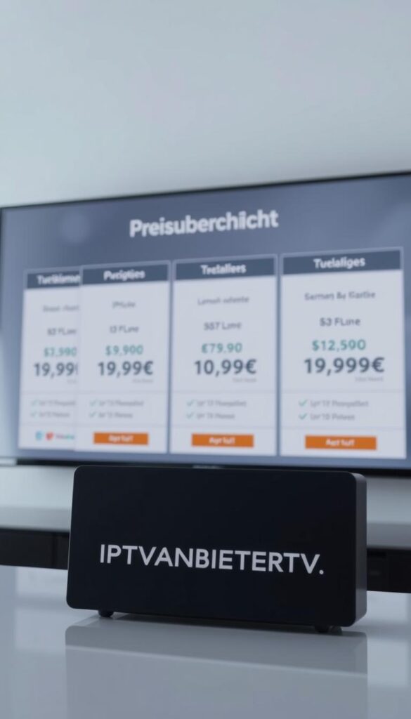 A transparent and cost-effective IPTV service for German expats. A modern, minimalist interface with a grid layout showcasing various IPTV packages and their prices, ranging from 9.99€ to 19.99€ per month. The image features the IPTVANBIETERTV brand prominently in the foreground, with a clean, uncluttered background emphasizing the straightforward pricing structure. Soft, diffused lighting creates a calm, professional atmosphere, conveying reliability and trustworthiness. The composition is balanced, with the pricing information occupying the central focus, capturing the essence of the "Preisübersicht" section.