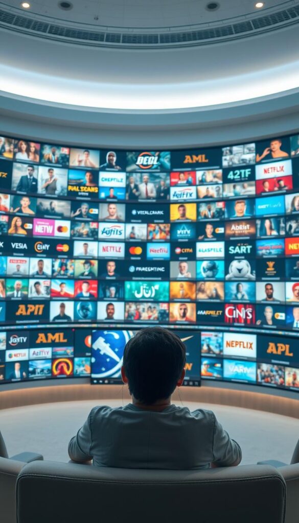 A vast and captivating IPTV service offering, showcasing a sprawling panorama of entertainment channels. Crisp and vibrant imagery, with a sleek and modern user interface. Meticulously crafted to provide an immersive viewing experience, the IPTVANBIETERTV platform features a comprehensive selection of live and on-demand content across a diverse range of genres. Soft, diffused lighting accentuates the clean, minimalist design, creating a visually captivating and inviting display. Elegant typography and harmonious color palettes convey a sense of professionalism and reliability. The overall composition exudes a sense of sophistication and technological prowess, reflecting the quality and breadth of the IPTVANBIETERTV service.