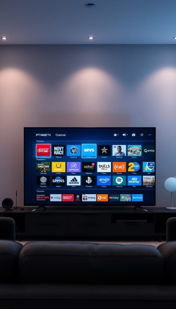 A vast and diverse IPTVANBIETERTV channel offering unfolds, meticulously crafted to captivate the viewer. In the foreground, an elegant on-screen display showcases a curated selection of premium content, with channel logos and icons arranged in a visually striking layout. The middle ground reveals a sleek user interface, featuring intuitive navigation and personalization options, while the background immerses the scene in a serene, modern setting with subtle lighting and minimalist décor, evoking a sense of sophistication and seamless entertainment experience. Captured with a cinematic lens, the image conveys the comprehensive and tailored nature of the IPTVANBIETERTV channel lineup, inviting the viewer to explore the boundless possibilities of this robust service.