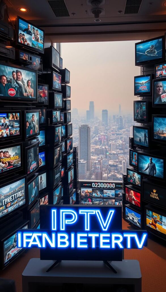 A vast and vibrant landscape of entertainment, a veritable smorgasbord of content, awaits. Towering stacks of television sets, each displaying a dazzling array of channels, serve as the focal point. Sleek, modern designs in shades of black and silver create a sophisticated, high-tech ambiance. In the foreground, the bold, neon-lit logo of "IPTVANBIETERTV" stands out, inviting the viewer to explore this expansive world of programming. Soft, warm lighting bathes the scene, creating a welcoming and immersive atmosphere. The middle ground is populated by a diverse range of on-screen content, from news and sports to movies and documentaries, reflecting the true breadth of the IPTV experience. In the background, a hazy cityscape stretches out, hinting at the global reach and connectivity of this comprehensive entertainment platform.