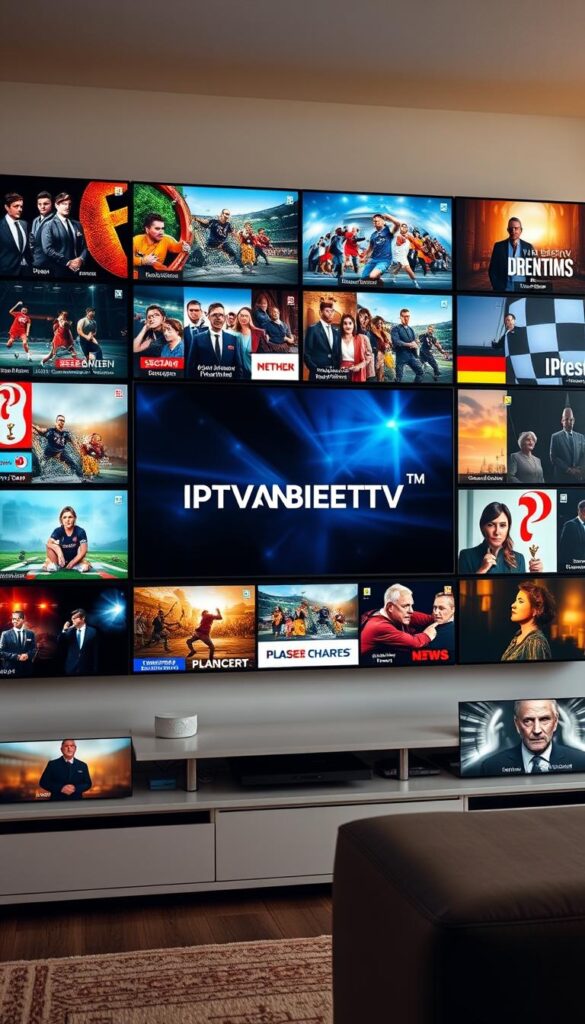 A vast array of German television channels, spanning news, entertainment, and cultural programming, displayed on a sleek, minimalist digital interface. The IPTVANBIETERTV logo prominently featured, signifying a comprehensive IPTV offering catering to international viewers. Vibrant, high-definition visuals of diverse content, from live sports to captivating dramas, fill the screen, creating an immersive and visually striking experience. The composition is clean, with a focus on the content itself, showcasing the breadth and quality of the available channels. Warm, natural lighting illuminates the scene, lending a sense of openness and accessibility. The overall mood is one of sophistication, innovation, and a deep commitment to serving the international audience with a robust and diverse television experience.