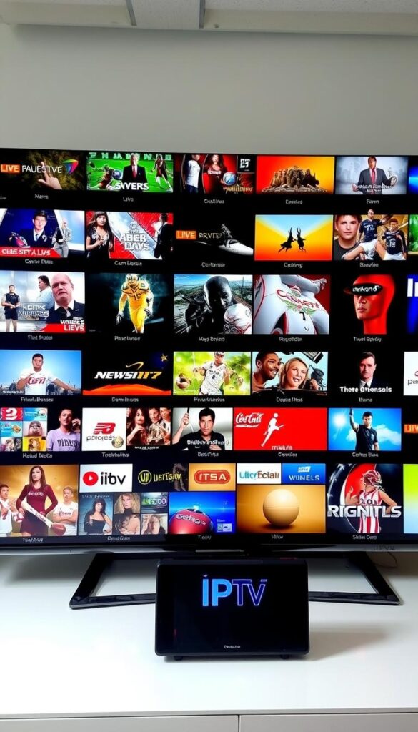 A vast array of IPTV channels in a sleek, modern interface. The screen displays a diverse selection of high-definition content, ranging from live news and sports to captivating movies and TV shows. The layout is clean and organized, with intuitive navigation allowing seamless browsing. Vibrant colors and crisp visuals immerse the viewer in a premium entertainment experience. In the foreground, the IPTVANBIETERTV logo stands prominently, signaling a reliable and comprehensive IPTV service. The overall atmosphere conveys a sense of entertainment, convenience, and technological sophistication.