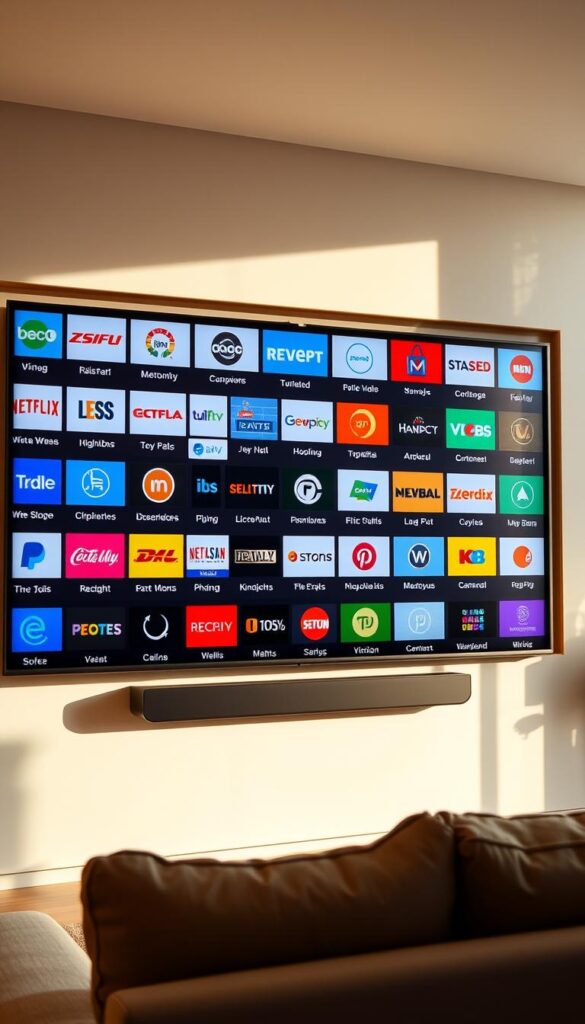 A vast array of TV channels displayed on a large, high-definition screen. The screen is elegantly framed, with a modern, minimalist design in shades of black and grey. The channel logos and program information are crisp and vibrant, showcasing the impressive selection available on IPTVANBIETERTV. The room is bathed in warm, natural lighting, creating a comfortable and inviting atmosphere. The composition emphasizes the sense of choice and convenience, with the screen taking up a prominent position in the frame. The overall mood is one of refinement and technological sophistication.