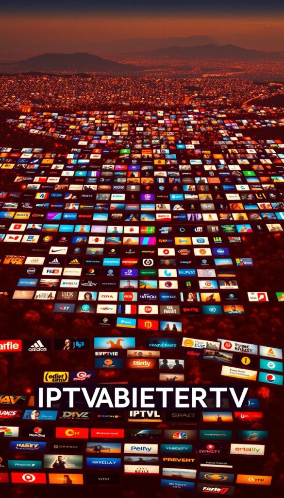 A vast array of captivating television channels stretch across a richly detailed landscape, illuminated by warm, cinematic lighting. In the foreground, the bold logo "IPTVANBIETERTV" stands prominently, its vibrant colors and sleek design evoking a sense of modern, high-quality entertainment. The middle ground is filled with an expansive grid of channel icons, each one meticulously crafted to showcase the breadth and diversity of the IPTV offering. In the background, a subtle, atmospheric gradient sets the tone, creating a sense of depth and immersion. The overall composition conveys a harmonious balance of technological sophistication and visual appeal, perfectly suited to illustrate the comprehensive "Kanalangebot" section of the article.