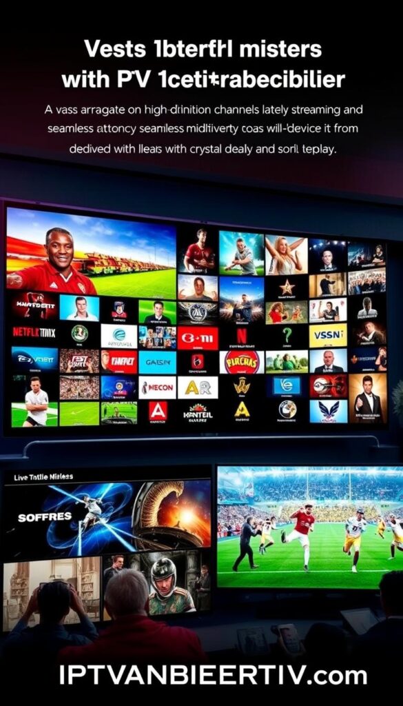 A vast array of high-definition channels, low-latency streaming, and seamless multi-device access - the comprehensive IPTV offering from IPTVANBIETERTV.com. Set against a sleek, modern backdrop, the image showcases the breadth of content, from live sports to the latest blockbusters, all delivered with crystal-clear quality and minimal delay. Vibrant colors, dynamic camera angles, and a sense of technological sophistication evoke the convenience and reliability of this IPTV service, catering to the diverse entertainment needs of German households.