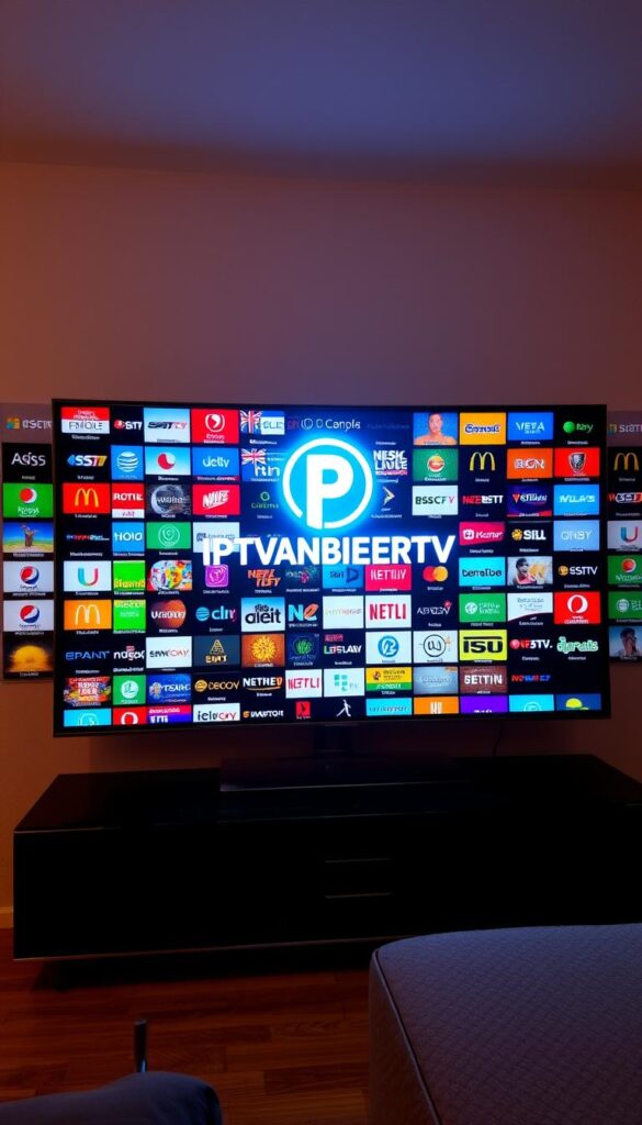 A vast array of high-definition television channels spreads out before the viewer, displayed on a sleek and modern flat-screen TV. The IPTVANBIETERTV logo shines prominently in the center, surrounded by a vibrant and diverse selection of international programming. The scene is bathed in warm, diffused lighting, creating a welcoming and inviting atmosphere. The TV's screen is sharply focused, showcasing the breadth and quality of the IPTV service's content. The overall composition evokes a sense of entertainment, information, and the promise of a comprehensive entertainment experience.