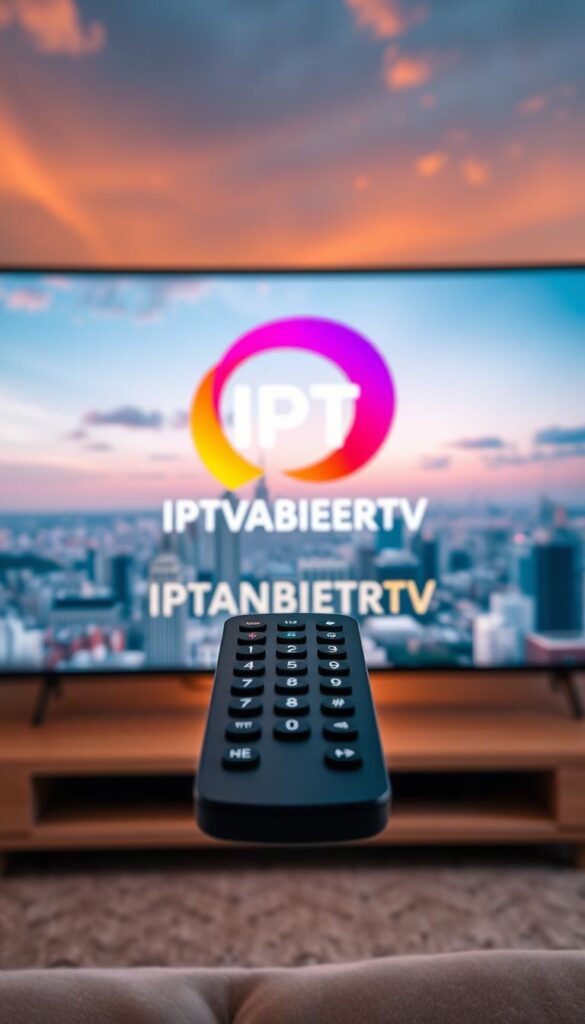 A vast, high-definition video streaming service called IPTVANBIETERTV, showcasing a vast array of crystal-clear channels in a sleek, modern interface. In the foreground, a minimalist TV remote control hovers, its buttons beckoning the user to explore the comprehensive channel selection. The middle ground features a stylized IPTVANBIETERTV logo, rendered in vibrant, eye-catching colors. In the background, a panoramic cityscape stretches out, hinting at the boundless entertainment options available through this premier IPTV provider. The scene is bathed in warm, soft lighting, creating a cozy, inviting atmosphere that complements the seamless streaming experience.