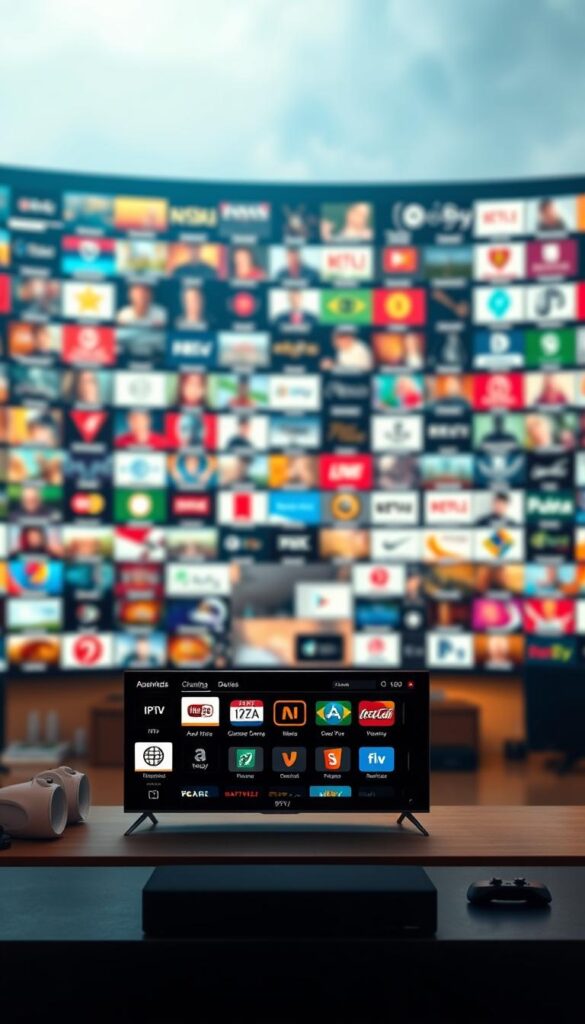 A vast, holistic IPTV service from IPTVANBIETERTV, showcasing a panoramic array of channels against a softly blurred, cinematic backdrop. The foreground features a sleek, minimalist interface, with a clean, responsive design highlighting the comprehensive channel selection. Warm, natural lighting illuminates the scene, creating a sense of inviting accessibility. The middle ground depicts various connected devices, seamlessly integrated to provide a cohesive, multi-platform IPTV experience. In the background, a subtle, ethereal glow suggests the boundless possibilities of this comprehensive streaming solution.