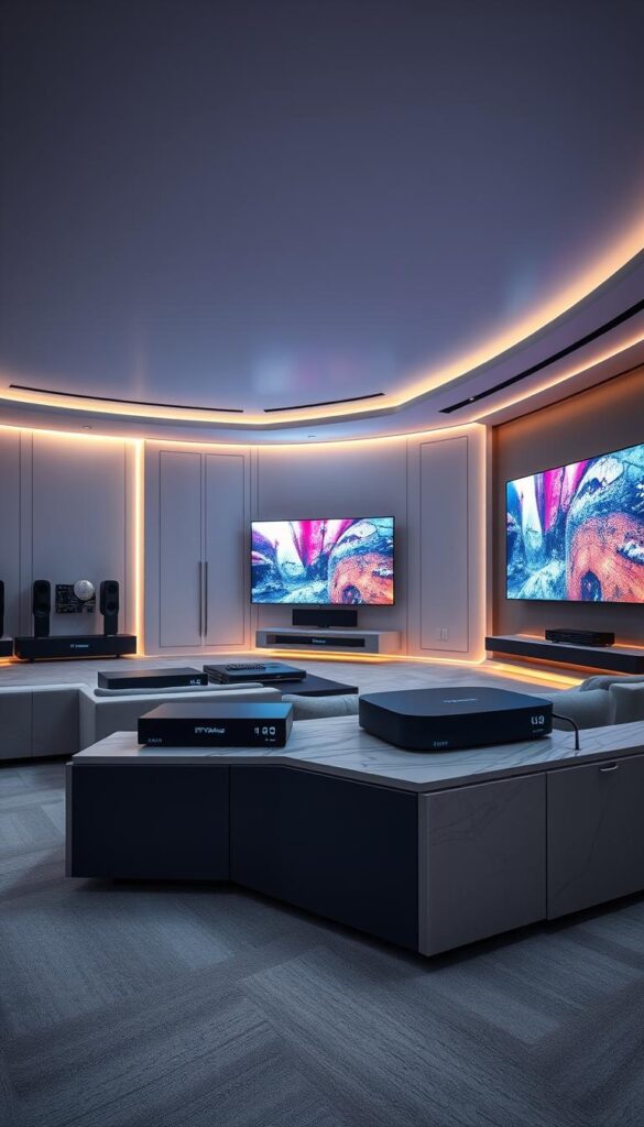 A vast, immersive interior space with sleek, modern furniture and state-of-the-art entertainment equipment. Meticulously crafted IPTVANBIETERTV devices sit atop a minimalist, marble-topped credenza, their clean lines and polished surfaces gleaming under soft, directional lighting. The walls are adorned with large, high-resolution displays showcasing vibrant, lifelike imagery - a testament to the service's exceptional streaming quality and resolution. The atmosphere is one of sophistication and technological prowess, inviting the viewer to experience the pinnacle of reliable, high-end IPTV streaming.
