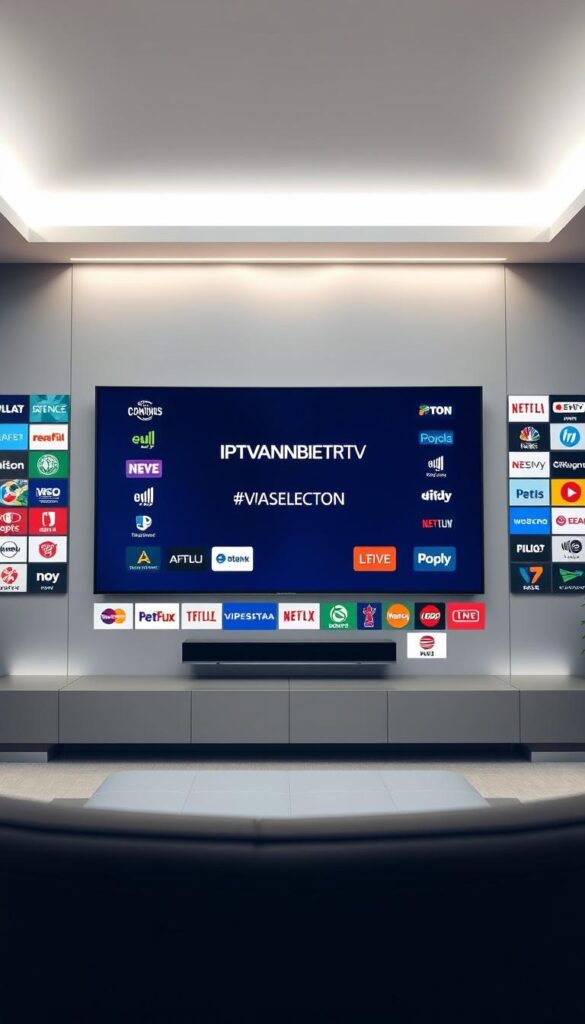 A vast selection of television channels displayed on a sleek, modern TV screen. The screen is surrounded by a minimalist, contemporary design in shades of gray and white, with clean lines and geometric shapes. The IPTVANBIETERTV brand logo is prominently featured in the center, conveying a sense of professionalism and reliability. The lighting is soft and diffused, creating a warm and inviting atmosphere. The overall composition is balanced and visually appealing, drawing the viewer's attention to the comprehensive channel lineup offered by IPTVANBIETERTV.