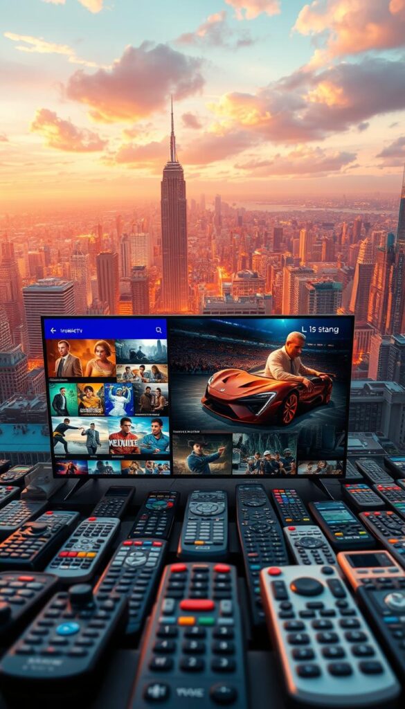 A vast, vibrant landscape of visual entertainment unfolds, showcasing the comprehensive IPTVANBIETERTV program offering. In the foreground, a sleek, high-definition television displays a mesmerizing array of content, from captivating dramas to thrilling sports events. The middle ground features a diverse collection of remote controls, each representing the seamless integration of technology and user experience. In the background, a stunning cityscape with towering skyscrapers and bustling streets suggests the boundless possibilities of modern media consumption. Warm, vibrant lighting illuminates the scene, creating a sense of energy and excitement. The composition is carefully balanced, with a cinematic angle and a depth of field that draws the viewer's attention to the heart of the IPTVANBIETERTV experience - a world of endless entertainment possibilities.