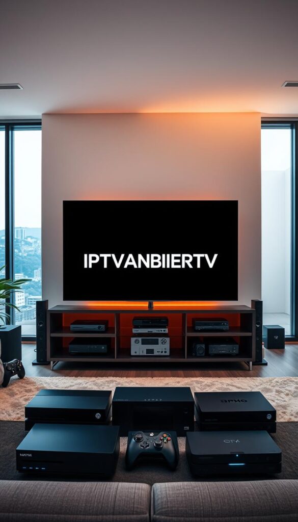 A vibrant and captivating IPTV entertainment scene, with a large flatscreen television displaying the IPTVANBIETERTV brand prominently in the foreground. The television is surrounded by various media devices, game consoles, and streaming devices, all neatly arranged to create an inviting and immersive entertainment hub. The background features a sleek, modern living room setting with minimalist decor, warm lighting, and large windows that allow natural light to filter in, creating a sense of openness and sophistication. The overall atmosphere conveys a perfect balance of technology, entertainment, and comfort, catering to the needs of the discerning IPTV user.