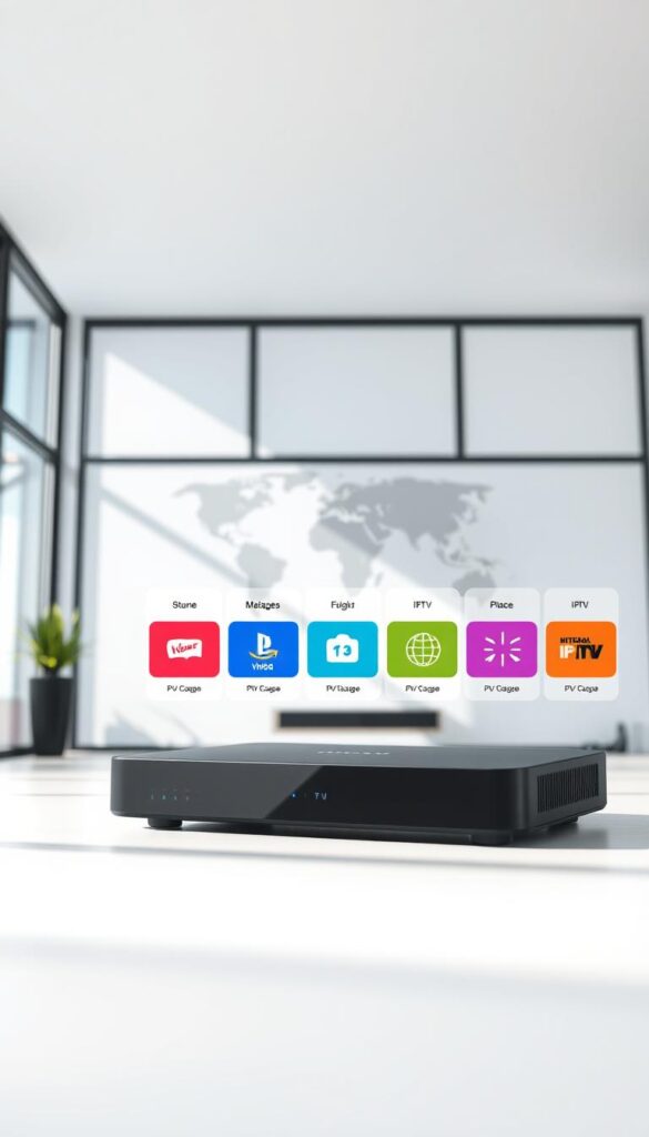 A vibrant and captivating image of "IPTV Tarife" featuring the IPTVANBIETERTV brand. Set in a modern, minimalist living room with large windows allowing natural light to pour in, creating a bright and airy atmosphere. In the foreground, a sleek, state-of-the-art IPTV device takes center stage, its clean lines and crisp display showcasing the diverse channel selection. The middle ground features various IPTV package options, each with a distinct color palette and iconography, highlighting the breadth of programming available. The background subtly displays a world map, symbolizing the global reach and connectivity of the IPTV service. The overall composition evokes a sense of technology, entertainment, and the convenience of modern media consumption.