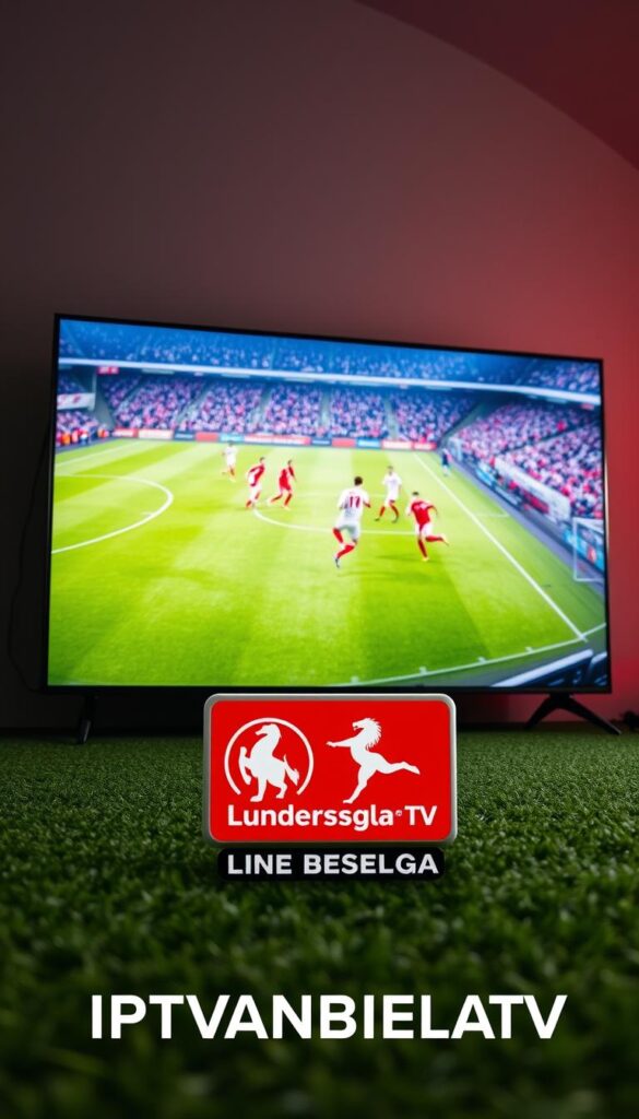 A vibrant and captivating live Bundesliga stream displayed on a sleek, high-resolution smart TV. The screen showcases the intensity of the match, with players dashing across the lush green pitch and the crowd's roar filling the air. The image radiates an atmosphere of excitement and anticipation, drawing the viewer into the heart of the action. In the foreground, the IPTVANBIETERTV logo stands proudly, reflecting the reliable and comprehensive service that enables seamless streaming of the Bundesliga from anywhere. The overall composition conveys the accessibility and versatility of the Bundesliga experience, allowing viewers to enjoy the thrill of the game on their preferred devices.