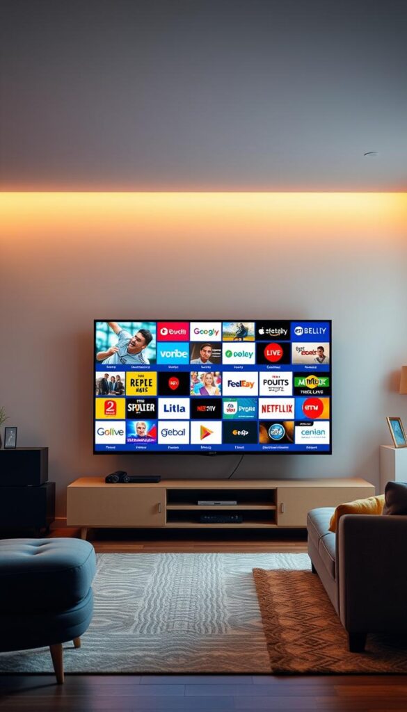 A vibrant and comprehensive German IPTV channel lineup, showcasing the diverse offerings of IPTVANBIETERTV. The scene depicts a clean, modern living room with a large 4K television screen displaying a wide range of channels, from news and sports to entertainment and lifestyle. The lighting is warm and inviting, creating a cozy and relaxed atmosphere. The camera angle is slightly elevated, providing a dynamic perspective that highlights the impressive selection of German channels available through the IPTVANBIETERTV service. The overall composition aims to convey the high-quality and extensive nature of the IPTV offering, enticing the viewer to explore the diverse programming options.