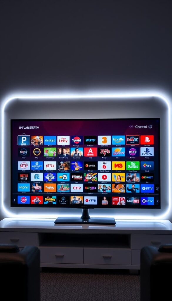 A vibrant and comprehensive IPTV channel lineup showcased on a sleek, contemporary display. The IPTVANBIETERTV logo prominently featured, conveying a sense of professionalism and quality. The screen depicts a diverse array of channel icons, neatly organized and easy to navigate. Soft lighting illuminates the scene, creating a welcoming and informative atmosphere. The overall composition highlights the breadth of content available, inviting the viewer to explore the extensive IPTV offering. The image should convey the idea of a user-friendly, feature-rich IPTV service that caters to a wide range of entertainment preferences.