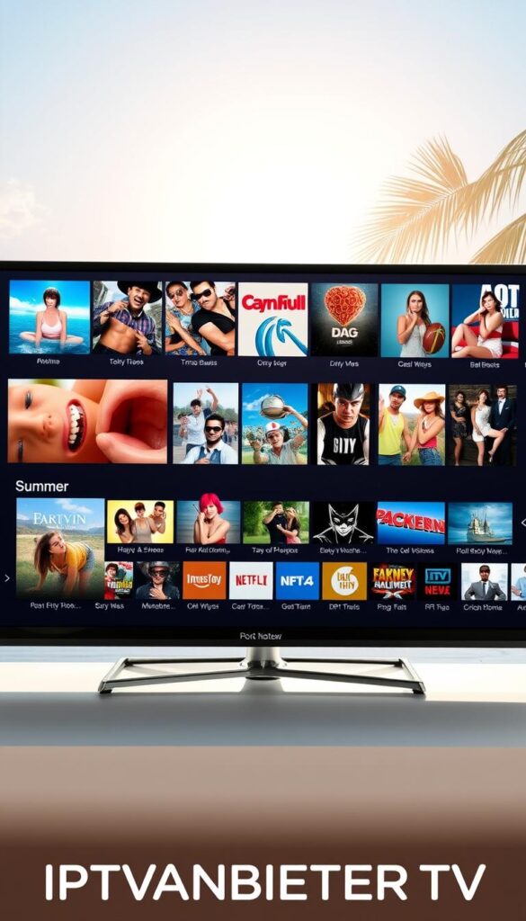 A vibrant and comprehensive IPTV package from IPTVANBIETERTV, showcasing a diverse array of summer entertainment options for a seamless viewing experience across multiple devices. Set against a sun-drenched backdrop, the sleek and modern interface displays an extensive channel selection, catering to a wide range of interests and preferences. Crisp, high-definition visuals and smooth playback create an immersive home theater ambiance, perfectly suited for the warm summer season. The clean, minimalist design emphasizes the versatility and user-friendliness of this comprehensive IPTV solution, making it an ideal choice for discerning viewers seeking a comprehensive entertainment package.