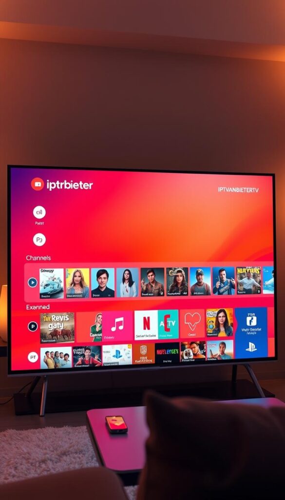 A vibrant and comprehensive TV-Paket displayed on a large, flat-screen TV set. The TV is situated in a modern, minimalist living room setting, with warm, diffused lighting creating a cozy and inviting atmosphere. The TV screen showcases the extensive channel selection of IPTVANBIETERTV, with a clean and intuitive on-screen interface. The image should convey a sense of entertainment, information, and the convenience of having a diverse range of content at one's fingertips.