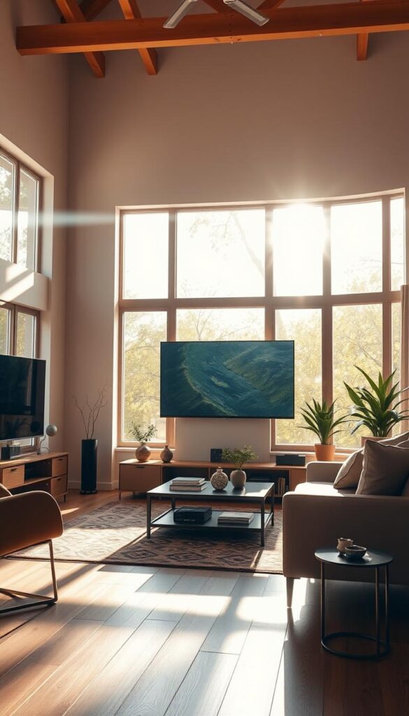 A vibrant and detailed interior scene of a living room showcasing the superior image quality of IPTVANBIETERTV. Sunlight streams through large windows, creating a warm, inviting atmosphere. The room is tastefully decorated with modern furniture and sleek electronics, including a large, high-definition TV displaying crisp, lifelike visuals. The TV's screen is the focal point, emitting a soft, natural glow that illuminates the space. The lighting is carefully balanced, creating depth and dimension. The scene conveys a sense of technological sophistication and visual immersion, perfectly capturing the "Bildqualität und Streaming-Performance" of IPTVANBIETERTV.