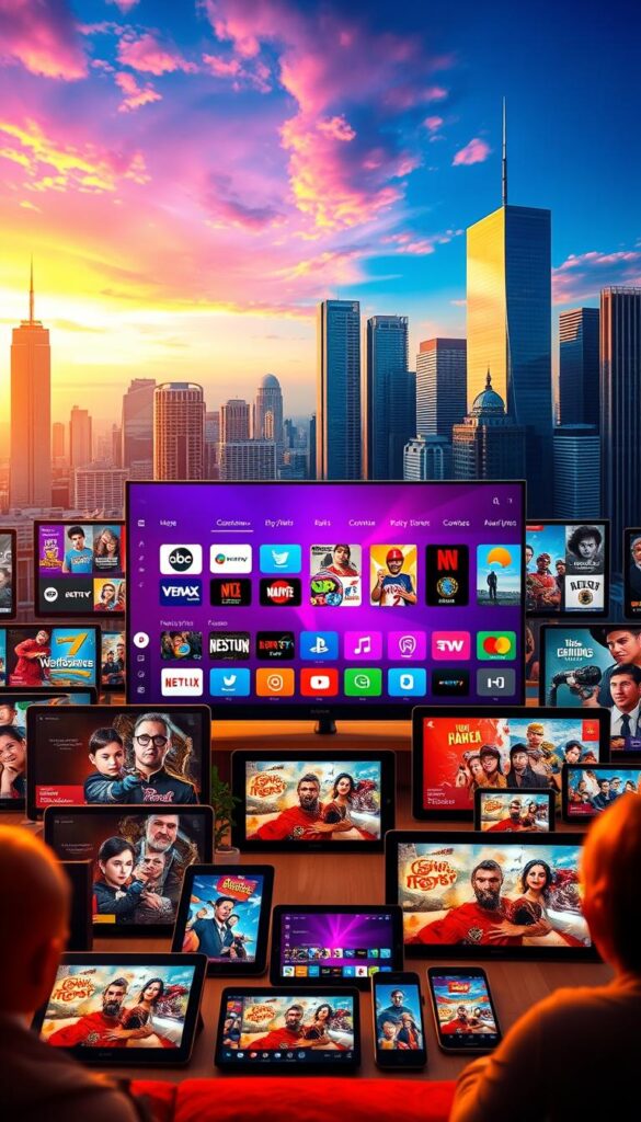 A vibrant and diverse IPTV offering from IPTVANBIETERTV, showcasing a wide array of entertainment options. The foreground features an array of smart TV devices, tablets, and mobile phones, each displaying a variety of channel logos and program thumbnails. The middle ground showcases a sleek, modern UI design with intuitive navigation, while the background depicts a cityscape with skyscrapers and a vibrant, colorful sky, conveying a sense of urban sophistication. The lighting is warm and inviting, with a cinematic depth of field that draws the viewer's attention to the central devices. The overall composition exudes a sense of technological advancement, content diversity, and seamless user experience.