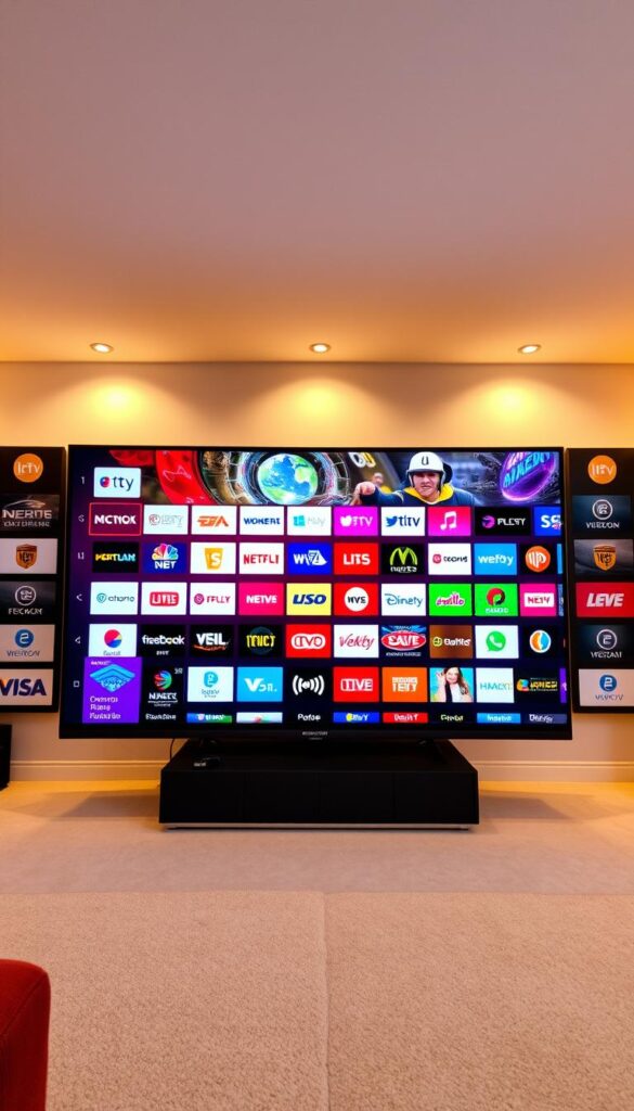 A vibrant and diverse landscape of IPTV channels, showcasing the extensive programming options available through IPTVANBIETERTV. A sleek, modern television set takes center stage, its crisp display illuminating a variety of channel logos and content thumbnails. The background is a serene, minimalist design, allowing the content to shine. Warm, diffused lighting creates a welcoming atmosphere, while the camera angle provides a comprehensive overview of the IPTV experience. The overall composition emphasizes the breadth and quality of the IPTVANBIETERTV service, catering to a wide range of viewer preferences and device compatibility.