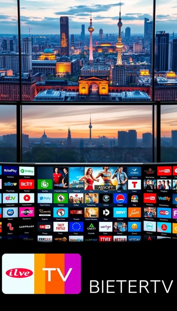 A vibrant and diverse selection of IPTV packages for viewers in Berlin, showcasing a vast array of channels and content. The image should depict a sleek and modern interface, highlighting the IPTVANBIETERTV brand prominently. The foreground should feature a grid or carousel of various channel logos and program thumbnails, hinting at the comprehensive nature of the offering. The middle ground could showcase a living room setting, with a television screen displaying a sample of the channels available. The background should convey a dynamic, urban atmosphere, with the iconic landmarks of Berlin visible in the distance, suggesting the local focus of the IPTV service. The overall mood should be one of excitement and anticipation, inviting the viewer to explore the extensive range of entertainment options.