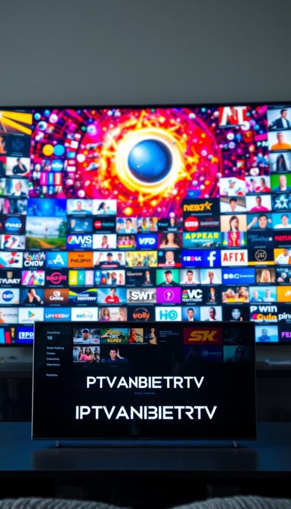 A vibrant and diverse television landscape, filled with captivating content from around the world. In the foreground, a sleek and modern IPTVANBIETERTV interface, showcasing a curated selection of programming. The middle ground features a mosaic of thumbnails, representing the vast array of channels and genres available, from sports to movies, news to documentaries. In the background, a dynamic and colorful visualization, capturing the energy and excitement of this comprehensive IPTV experience. Soft, diffused lighting sets an inviting and immersive atmosphere, drawing the viewer into this digital entertainment hub. The composition is balanced and visually striking, reflecting the seamless integration of technology and content that IPTVANBIETERTV provides.