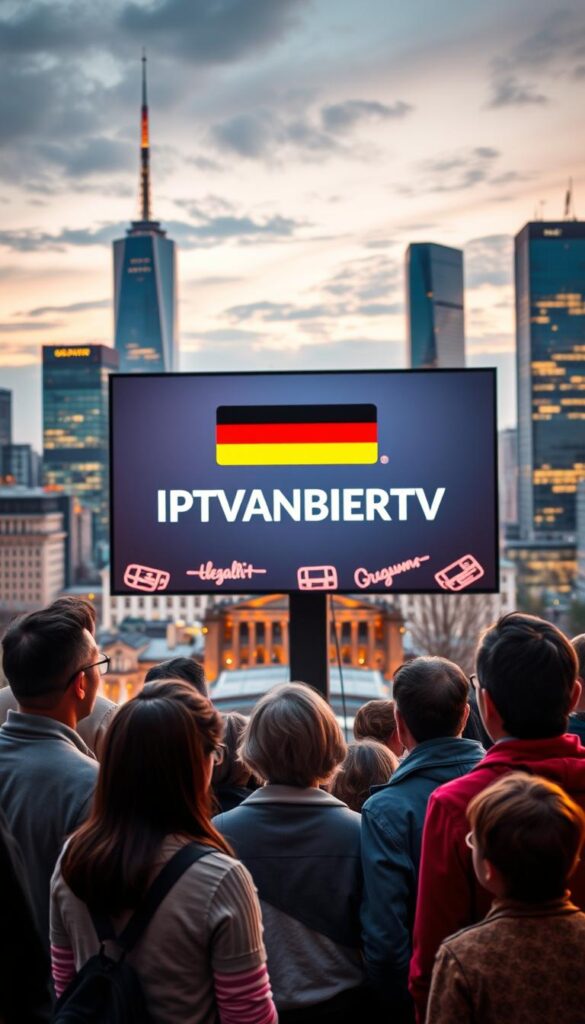 A vibrant and dynamic cityscape with the iconic skyline of a modern German city, such as Berlin or Munich, forming the background. In the foreground, a group of people, both young and old, gathered around a large display screen, intently watching the content being streamed. The screen prominently features the brand name "IPTVANBIETERTV", indicating a legal IPTV service provider in Germany. The lighting is a combination of warm natural light and subtle artificial illumination, creating a sense of comfort and familiarity. The overall atmosphere conveys a sense of understanding and appreciation for the legal aspects of IPTV usage in the country.