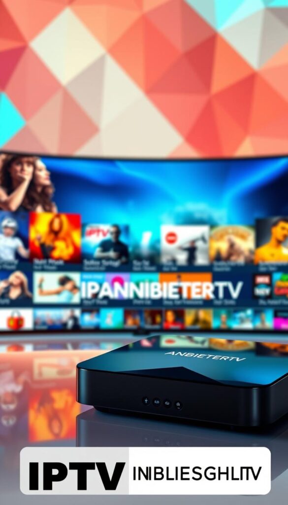A vibrant and dynamic digital landscape featuring the bold "IPTVANBIETERTV" brand. In the foreground, a sleek and modern IPTV set-top box takes center stage, its glossy surface reflecting the warm, ambient lighting. The middle ground showcases a stunning array of entertainment content, with colorful icons and imagery hinting at the vast selection available. In the background, a abstract geometric pattern creates a sense of depth and visual interest, complementing the overall high-tech aesthetic. The composition conveys a sense of excitement and opportunity, inviting the viewer to explore the IPTV Deutschland Sonderangebot.