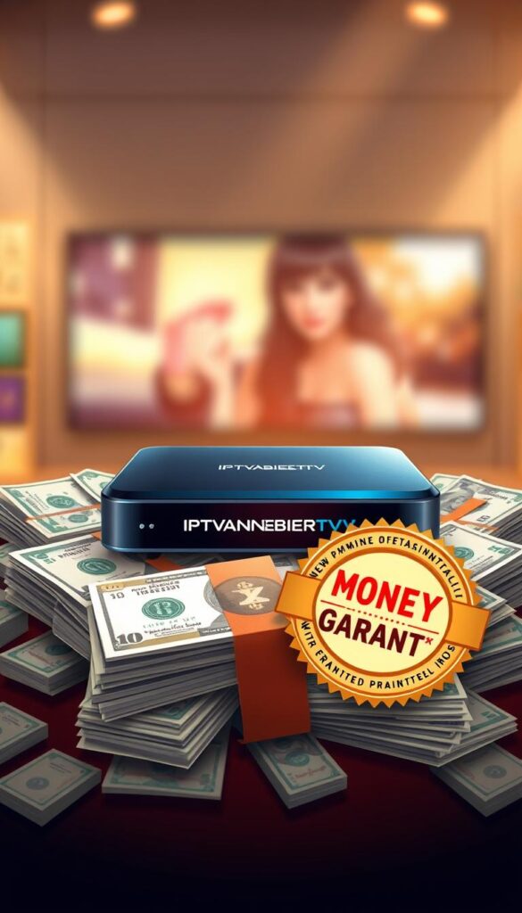A vibrant and dynamic illustration of an IPTV set-top box surrounded by a stack of bills, conveying the message of a comprehensive entertainment package with a money-back guarantee. The foreground features the device itself, sleek and modern, with the IPTVANBIETERTV branding prominently displayed. The middle ground showcases the stack of currency, representing the financial assurance offered to customers. The background is a blurred, out-of-focus scene, creating a sense of depth and emphasizing the focal point. The lighting is warm and inviting, setting an atmosphere of trust and reliability. The overall composition and color palette suggest a premium, trustworthy, and hassle-free IPTV experience.