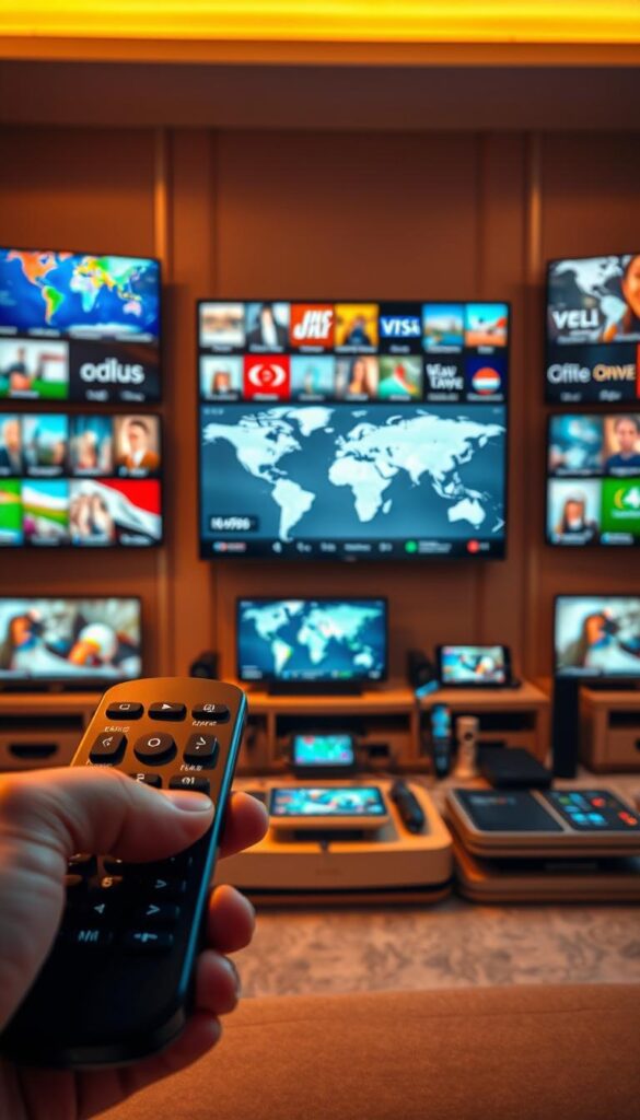 A vibrant and dynamic image showcasing the diverse international channels offered by IPTVANBIETERTV. The scene depicts a sleek and modern media center, with an array of high-definition screens displaying a varied selection of global content. The lighting is warm and inviting, creating a cozy and comfortable atmosphere. In the foreground, a elegant remote control commands the attention, hinting at the ease of access and customization available to users. The middle ground features an assortment of smart devices, symbolizing the cross-platform compatibility of the IPTVANBIETERTV service. The background is a subtle blend of gradient hues, suggesting the broad spectrum of international programming accessible through the service. The overall composition conveys a sense of sophistication, accessibility, and the joy of discovering the world through the convenience of a single IPTV subscription.