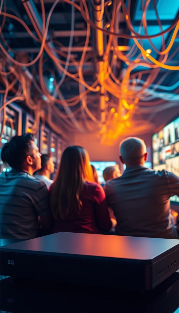 A vibrant and dynamic scene depicting the essence of IPTV streaming. In the foreground, a sleek and modern IPTVANBIETERTV set-top box sits prominently, its interface displaying a vast array of on-demand content. The middle ground features a group of people engrossed in their viewing experience, their faces illuminated by the glow of high-definition screens. In the background, a network of cables and servers hum with the energy of data transmission, symbolizing the technological infrastructure that powers this innovative entertainment platform. The lighting is warm and inviting, creating a sense of comfort and immersion. The overall atmosphere conveys the seamless integration of cutting-edge technology and the convenience of on-demand entertainment.