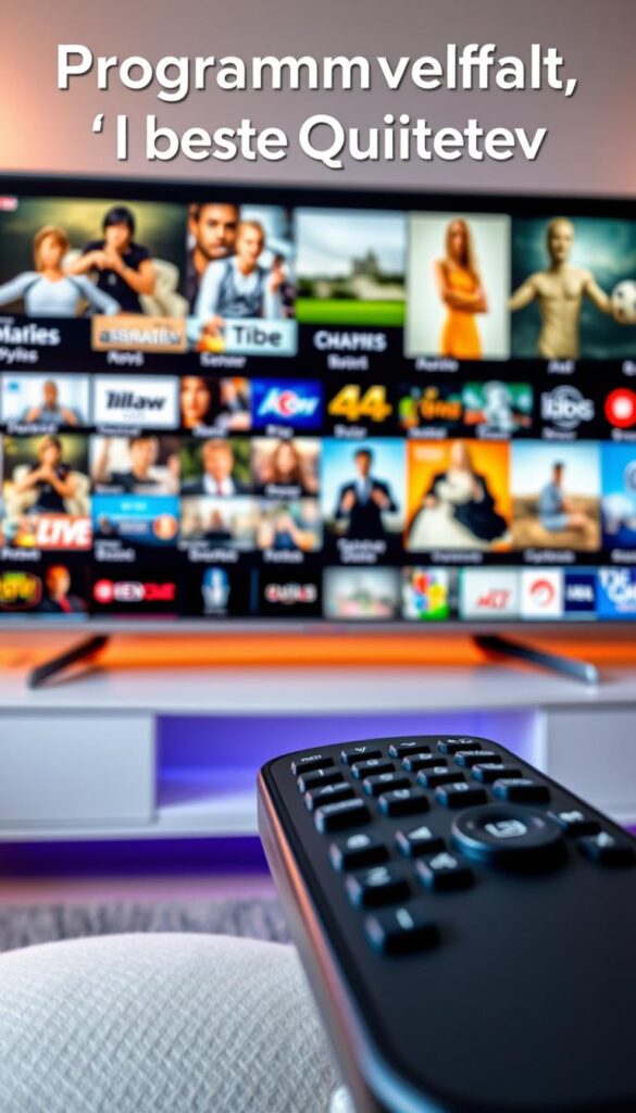 A vibrant and dynamic scene showcasing a wide array of television channels on a sleek IPTVANBIETERTV interface. The foreground features a large, high-definition display presenting a diverse selection of content, from live news and sports to captivating movies and documentaries. The middle ground depicts a stylized remote control, emphasizing the effortless navigation and control of this comprehensive IPTV offering. The background is bathed in a warm, inviting glow, creating a sense of comfort and entertainment. The overall composition conveys the vast programming options, exceptional visual quality, and the convenience of the IPTVANBIETERTV platform, perfectly capturing the "Programmvielfalt" and "beste Qualität" promised in the article.