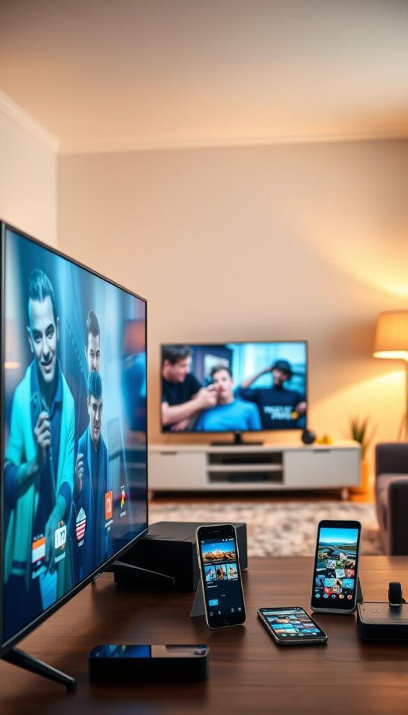 A vibrant and dynamic scene showcasing the advantages of IPTVANBIETERTV over traditional TV services. In the foreground, a sleek and modern television set displays crystal-clear, high-definition content, free from any buffering or interruptions. The middle ground features a range of smart devices, such as smartphones and tablets, seamlessly connected and allowing for effortless content sharing and streaming. In the background, a cozy and well-lit living room setting creates a warm and inviting atmosphere, emphasizing the comfort and convenience of IPTVANBIETERTV. The lighting is soft and natural, creating a sense of ambiance and relaxation. The overall composition conveys a sense of technological sophistication and user-friendly experience, perfectly capturing the benefits of IPTVANBIETERTV in a visually compelling manner.