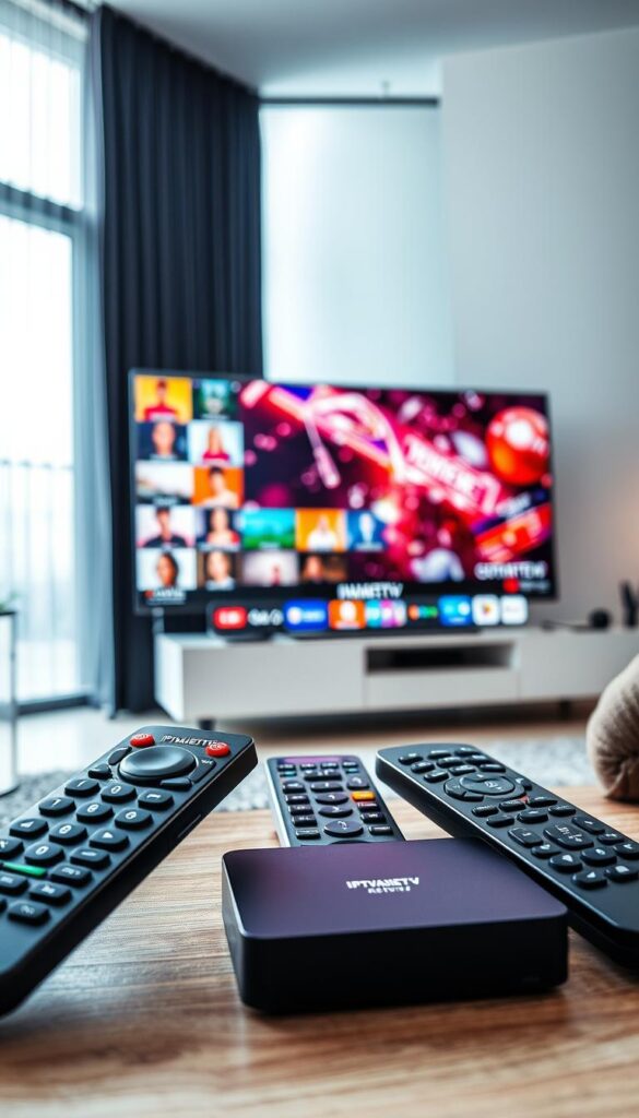 A vibrant and dynamic scene showcasing the diverse range of IPTV Deutschland HD channels. In the foreground, a sleek, high-definition television displays a vibrant and captivating live broadcast, immersing the viewer in the content. The middle ground features a variety of remote controls and streaming devices, including the IPTVANBIETERTV brand, highlighting the seamless integration of IPTV technology. The background depicts a modern, minimalist living room setting, with large windows allowing natural light to flood the space, creating a warm and inviting atmosphere. The overall composition conveys the abundance of HD channel options and the convenience of IPTV technology for the discerning German viewer.