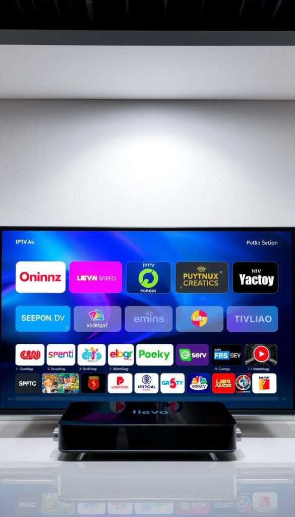 A vibrant and dynamic visual representation of the diverse IPTV channel offering from IPTVANBIETERTV. A sleek, modern display showcasing an array of high-definition channels, ranging from popular entertainment and news to specialized sports and lifestyle content. The foreground features a glossy, seamless interface with intuitive navigation, highlighting the comprehensive selection. The middle ground depicts a variety of channel logos and thumbnails, showcasing the breadth of the IPTV senderangebot. The background is a minimalist, gradient-based design, lending a premium, sophisticated aesthetic. Impeccable lighting and camera angles emphasize the clarity and vibrancy of the on-screen content, conveying the high-quality, reliable IPTV experience offered by IPTVANBIETERTV.
