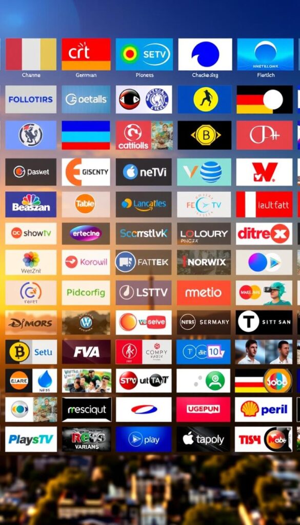 A vibrant and expansive German IPTV landscape, showcasing the diverse range of channels available on the IPTVANBIETERTV platform. The foreground features an array of popular German television logos, from news and sports to entertainment and regional networks, rendered in a sleek and modern style. The middle ground presents a grid-like arrangement of channel icons, each meticulously detailed to convey the breadth of content. The background depicts a softly blurred cityscape, hinting at the urban setting and the connectivity that powers this comprehensive IPTV offering. The scene is bathed in a warm, golden light, creating a sense of inviting accessibility and the promise of a rich viewing experience for German audiences.