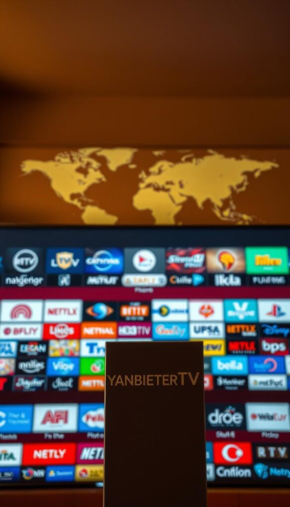 A vibrant and expansive TV channel selection, captured with a cinematic lens. In the foreground, the iconic "IPTVANBIETERTV" logo stands tall, its sleek design reflecting the modernity of the service. The middle ground showcases a diverse array of channel logos, arranged in a dynamic grid, representing the breadth of programming available. The background features a subtle, yet striking, visual metaphor - a world map suggesting the global reach and connectivity of the IPTV platform. Warm, natural lighting casts a sense of inviting ambiance, while the overall composition conveys a sense of professional quality and comprehensive entertainment options.
