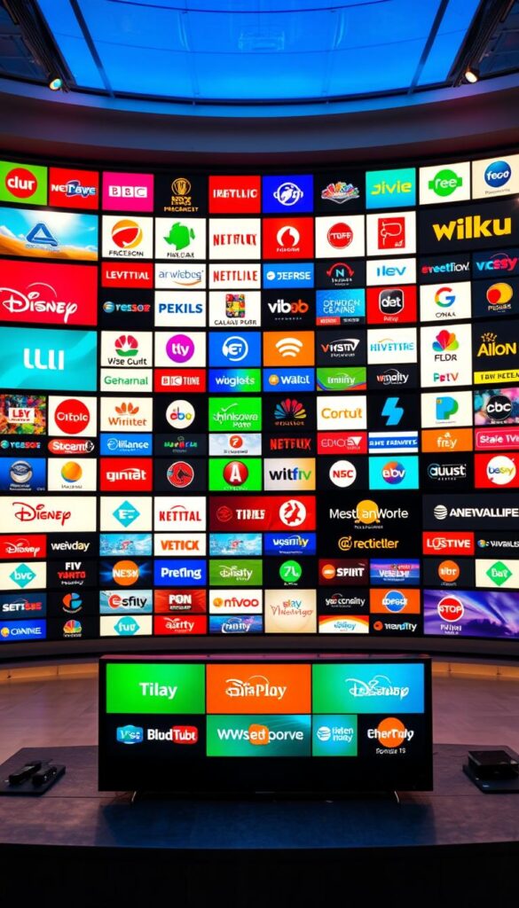 A vibrant and expansive TV channel selection, presented in a sleek and modern studio setting. Warm, natural lighting illuminates the diverse array of IPTVANBIETERTV broadcast logos and network icons, each displayed with crisp detail and visual harmony. The foreground features a central arrangement of premium entertainment channels, while the background showcases an extended grid of additional channels stretching into the distance, creating a sense of depth and breadth to the comprehensive IPTVANBIETERTV offering. The overall composition conveys a premium, high-quality, and visually captivating "Senderangebot" that would appeal to discerning IPTV viewers.