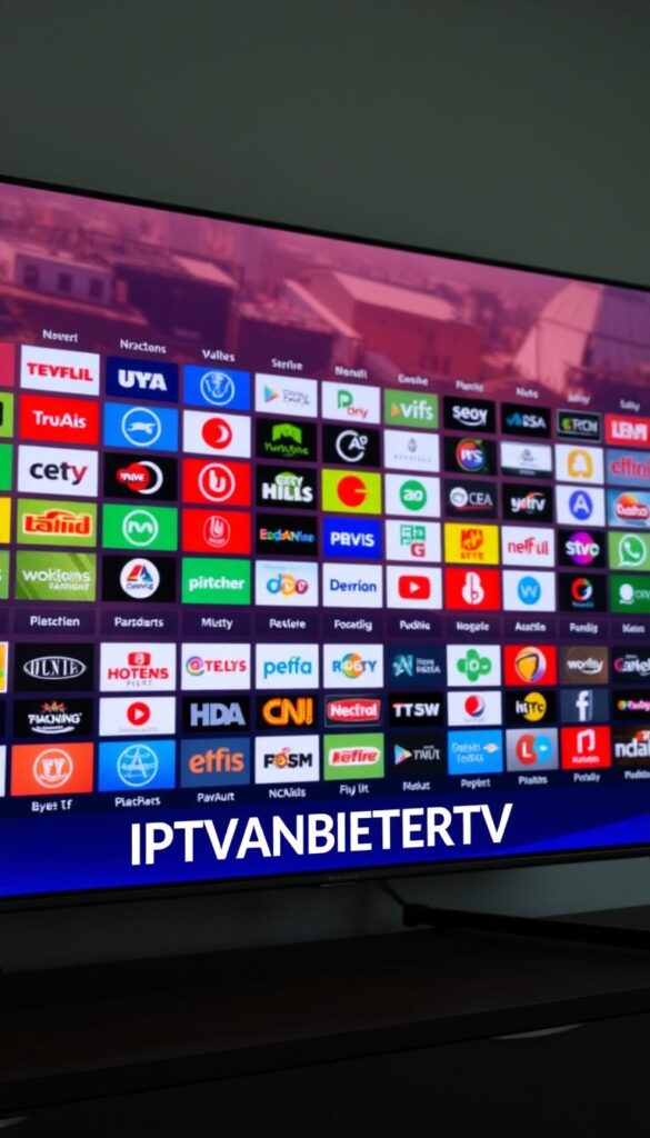 A vibrant and expansive array of television channels displayed on a sleek, high-definition screen. The foreground showcases the IPTVANBIETERTV logo, prominently positioned to draw the viewer's attention. In the middle ground, a diverse selection of channel icons and logos, each representing a unique programming option. The background features a sophisticated and immersive visual, potentially with a cityscape or a modern, minimalist design, conveying a sense of technological advancement and a comprehensive viewing experience. The lighting is soft and natural, creating a warm and inviting atmosphere. The overall composition emphasizes the vast array of content available, highlighting the "Senderauswahl" (channel selection) as the focal point of the image.