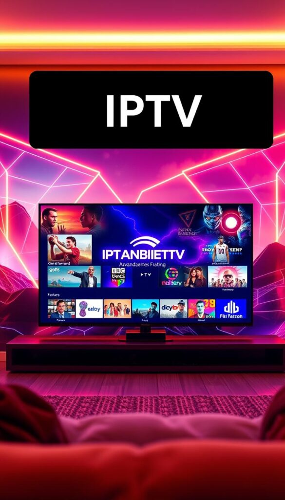 A vibrant and futuristic image showcasing the advantages of IPTV. In the foreground, a sleek, ultra-high-definition smart TV displays a diverse range of content, from live sports to streaming movies. The middle ground features the IPTVANBIETERTV brand logo, surrounded by glowing icons representing features like on-demand content, no cable box, and seamless integration with smart home devices. The background is a dynamic, tech-inspired landscape with geometric shapes and pulsing neon accents, conveying a sense of innovation and connectivity. The lighting is warm and inviting, creating a cozy and immersive viewing experience. The overall scene radiates a feeling of cutting-edge technology, convenience, and entertainment at your fingertips.