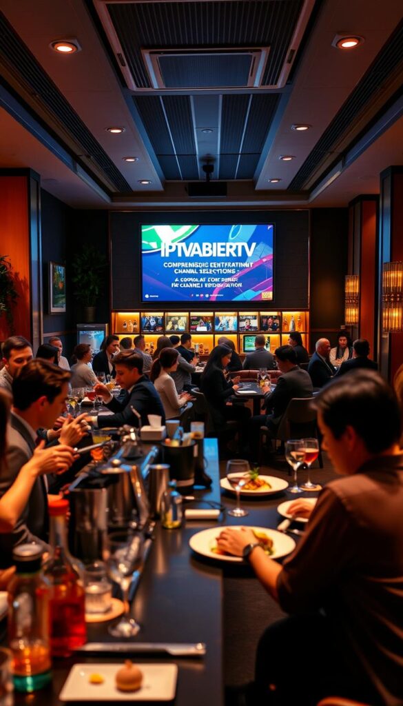 A vibrant and immersive gastronomic entertainment scene, set in a modern, stylish restaurant. The foreground features a lively bar area with bartenders skillfully mixing cocktails, while patrons enjoy animated conversations. The middle ground showcases a cozy dining space, with well-dressed guests savoring delectable dishes. In the background, a large screen displays the IPTVANBIETERTV logo, highlighting the comprehensive channel selection available for this establishment. Warm lighting, clean lines, and sophisticated decor create an inviting ambiance, catering to a diverse range of guest preferences.