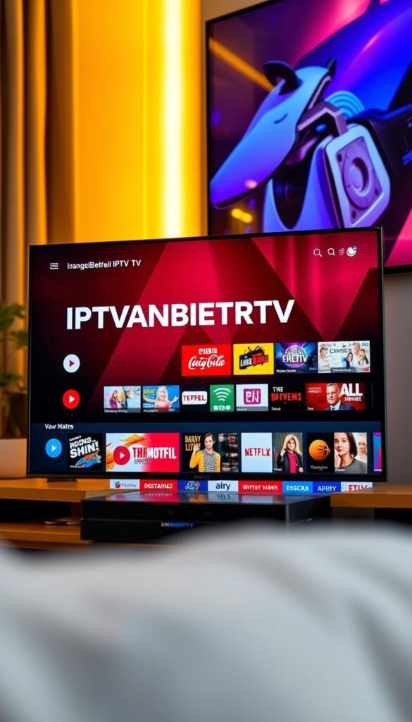 A vibrant and modern Android TV interface displaying the IPTVANBIETERTV brand, showcasing a vast array of high-definition live TV channels, on-demand content, and streaming services. The screen is crisp and clear, with a clean and intuitive layout that highlights the breadth of entertainment options available. Warm lighting illuminates the scene, creating a cozy and inviting atmosphere, perfect for a comfortable evening of multimedia enjoyment. The device is positioned prominently, emphasizing its central role in delivering a comprehensive IPTV experience tailored for the German market.