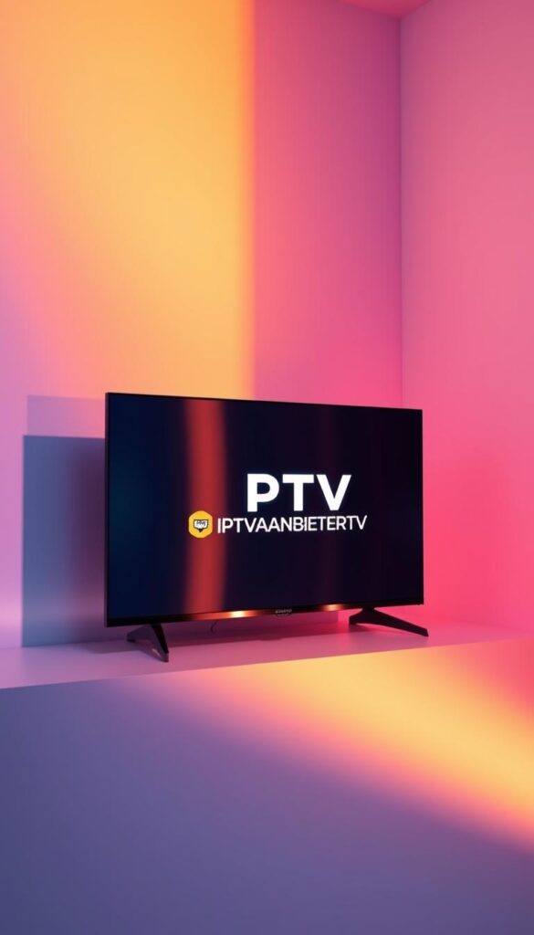 A vibrant and modern digital display showcasing an affordable IPTV package from IPTVANBIETERTV. The scene features a sleek, minimalist device with clean lines and a high-resolution screen, prominently displaying the IPTVANBIETERTV logo. The background is a soft, gradient-based color palette, creating a sense of sophistication and elegance. Subtle lighting from the sides casts a warm glow, highlighting the product's features and adding depth to the composition. The overall atmosphere conveys a premium, yet accessible, IPTV offering suitable for the German market.