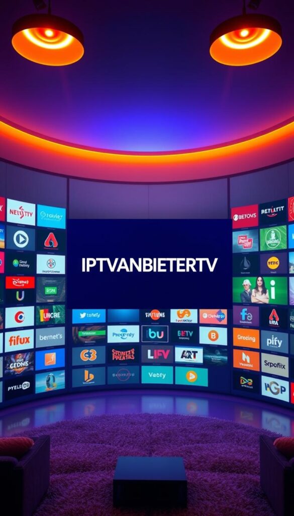 A vibrant and modern digital landscape showcasing a diverse array of IPTV channels for the German market. A sleek, minimalist interface with the IPTVANBIETERTV brand prominently displayed in the center, surrounded by a grid of colorful channel logos and thumbnails. The scene is bathed in a warm, ambient lighting, creating a sophisticated and inviting atmosphere. The composition emphasizes the wide selection of content available, hinting at the advantages of IPTV over traditional TV services. A sense of dynamism and innovation permeates the image, reflecting the progressive nature of this technology.