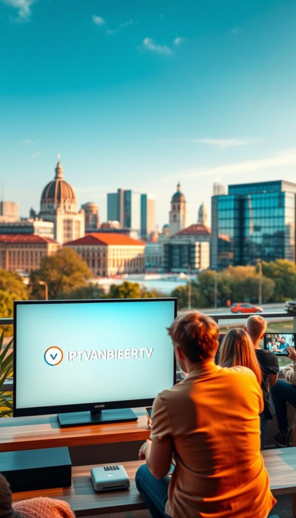 A vibrant and modern digital landscape, showcasing the advantages of legal IPTV in Germany. In the foreground, a sleek and minimalist display shows the IPTVANBIETERTV brand logo, subtly hinting at the legal and reliable service. The middle ground features a group of people enjoying a variety of content on their devices, conveying the convenience and accessibility of legal IPTV. In the background, a cityscape of contemporary German architecture serves as a backdrop, symbolizing the integration of IPTV into the daily lives of German citizens. The scene is illuminated by warm, natural lighting, creating a welcoming and trustworthy atmosphere. The overall composition emphasizes the benefits of legal IPTV, such as quality, variety, and compliance with local regulations.